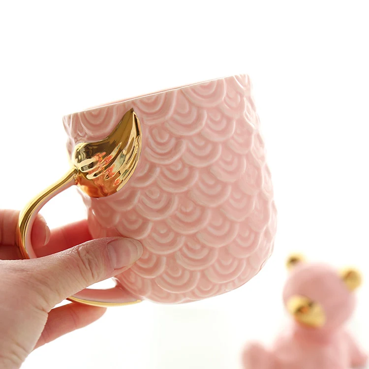 Красивая розовая аквамариновая кофейная кружка Русалка золотая ручка в виде рыбьего хвоста кофе чай молоко чашка морская горничная лучший стакан подарок для любимой девушки