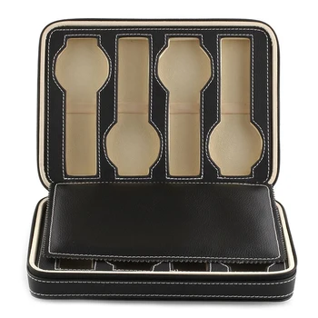 

8 Grids Watch Display Storage Box Case Tray Zippered Travel Watch Collector Case Faux Leather Black