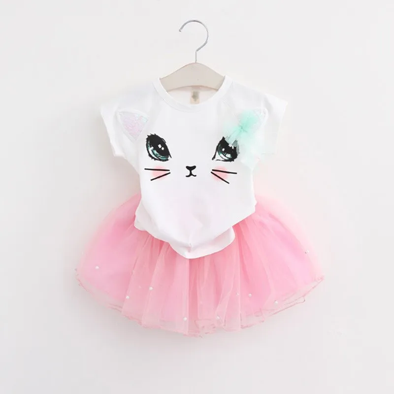 

summer children clothing 2019 new girls short sleeve suit cartoon T-shirt + beads yarn two-piece suit 2-6 years old baby clothes