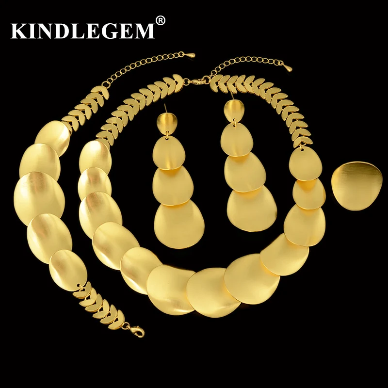 

Kindlegem Luxury Sparkling Gold Necklace Drop Earrings Bracelet Ring For Women Dubai African Jewelry Set Advanced Wire Drawing