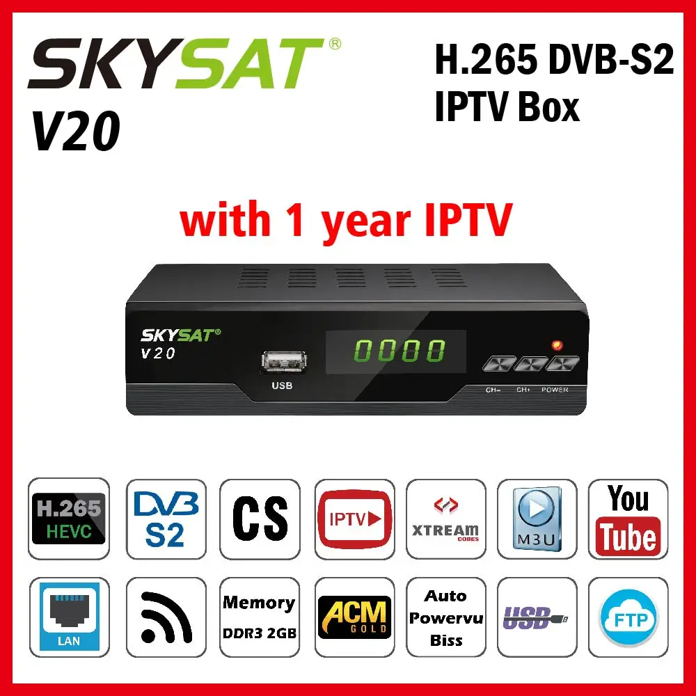 H.265 DVB S2 SKYSAT V20 with 1year IPTV 2GB Memory LAN