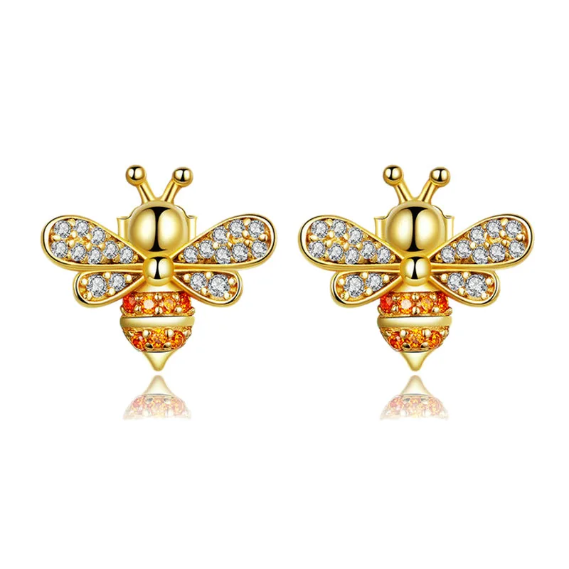 Серьги-гвоздики Пчелка для женщин, модные серьги-гвоздики с кристаллами, 925 пробы серебряные ювелирные изделия для девушек, золото
