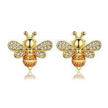 Серьги-гвоздики Пчелка для женщин, модные серьги-гвоздики с кристаллами, 925 пробы серебряные ювелирные изделия для девушек, золото