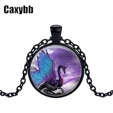 Blue Dragon black chain Necklace glass dome pendant necklace Jewelry Long Dragon Necklace Fantasy winged Dragon Jewelry CN-345