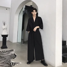 Мужские штаны-шаровары в японском уличном стиле, комбинезоны, хип-хоп, брюки для мужчин, короткий рукав, v-образный вырез, повседневный комбинезон, широкие брюки