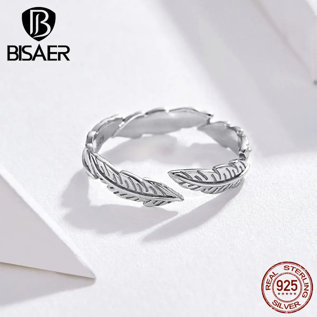 BISAER кольцо с перьями 925 пробы серебро Винтаж крылья перо для женщин палец кольца Регулируемый размер Стерлинговое серебро ювелирные изделия ECR517