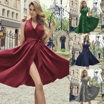 

Summer Womens Holiday Sexy Sleeveless Ladies Summer Beach Party Dress Summer Sexy Dresses Womens 2019 Waist V-neck Vintage Dress
