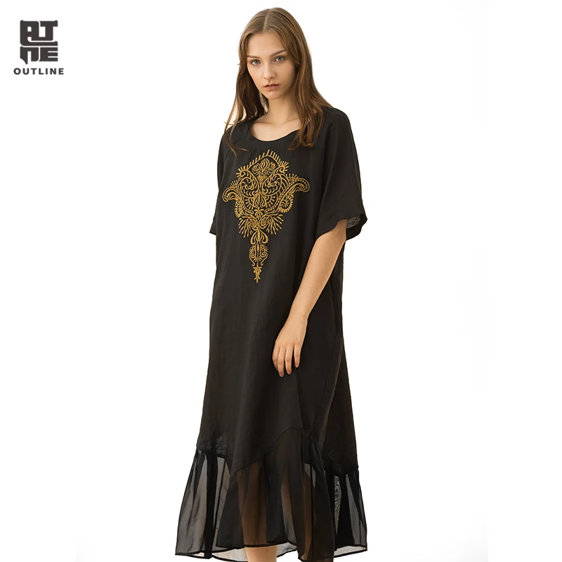 Outline Women Black Casual Pullover Dresses Short Sleeves Pockets Embroidery Patchwork Summer O-Neck Mid Calf Vestidos L182Y004