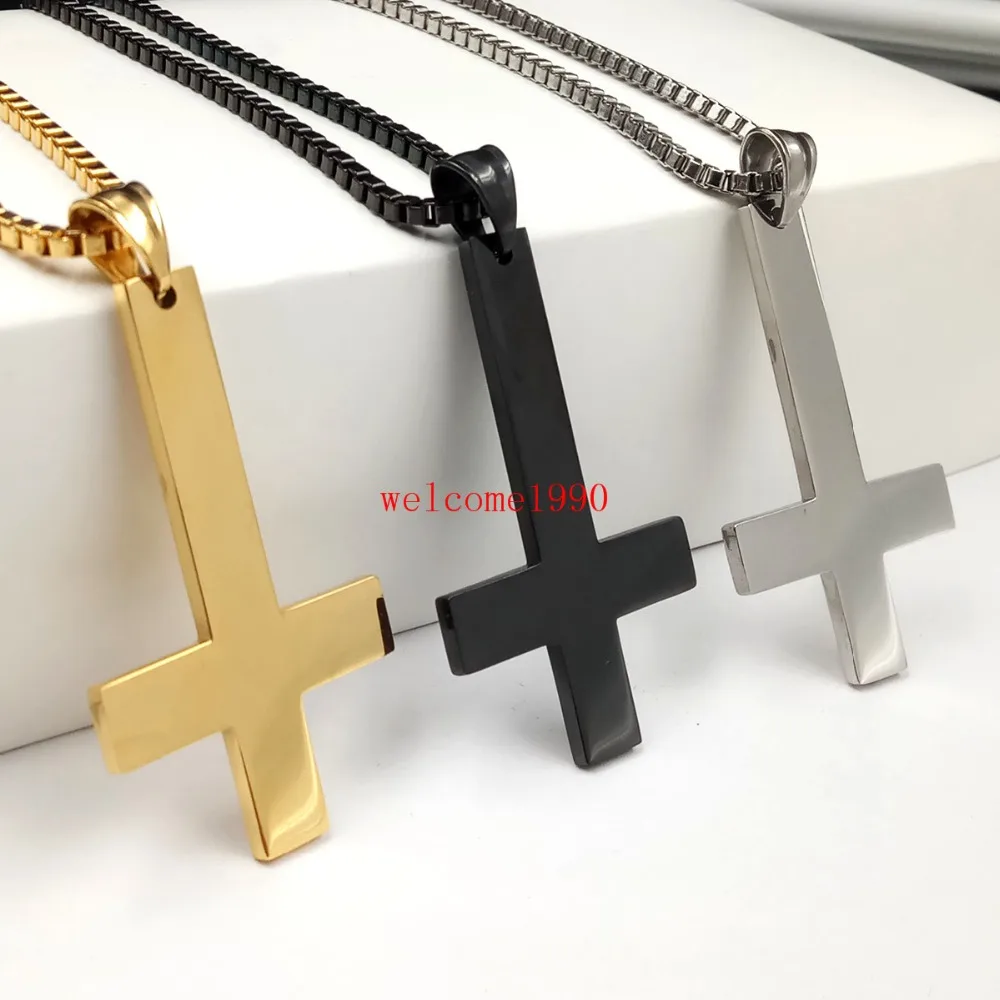 

Silver/gold/black Fashion Cross of St. Peter Upside Down Cross Pendant Stainless Steel Catholic Men's 24'' box chain Necklace