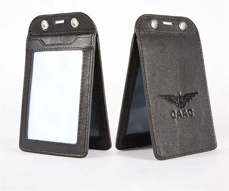 

Genuine Leather ID Card Case Boarding Pass Card Hoder, Double Layer for 3 cards,with Metal Buckle, for Office Pilot Flight Crew
