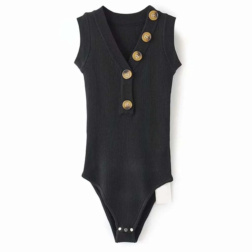 

ANSFX 2019 Sexy Knitted Strentch fit Romper Body Siamese Bodysuit Sleeveless Deep V-Neck Button Casual Women Undershirt 2 Colors