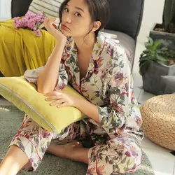 Новые пижамы Весна и лето шелковые корейские свободные пижамы большого размера с принтом женские ледяные шелковые пижамы с длинным