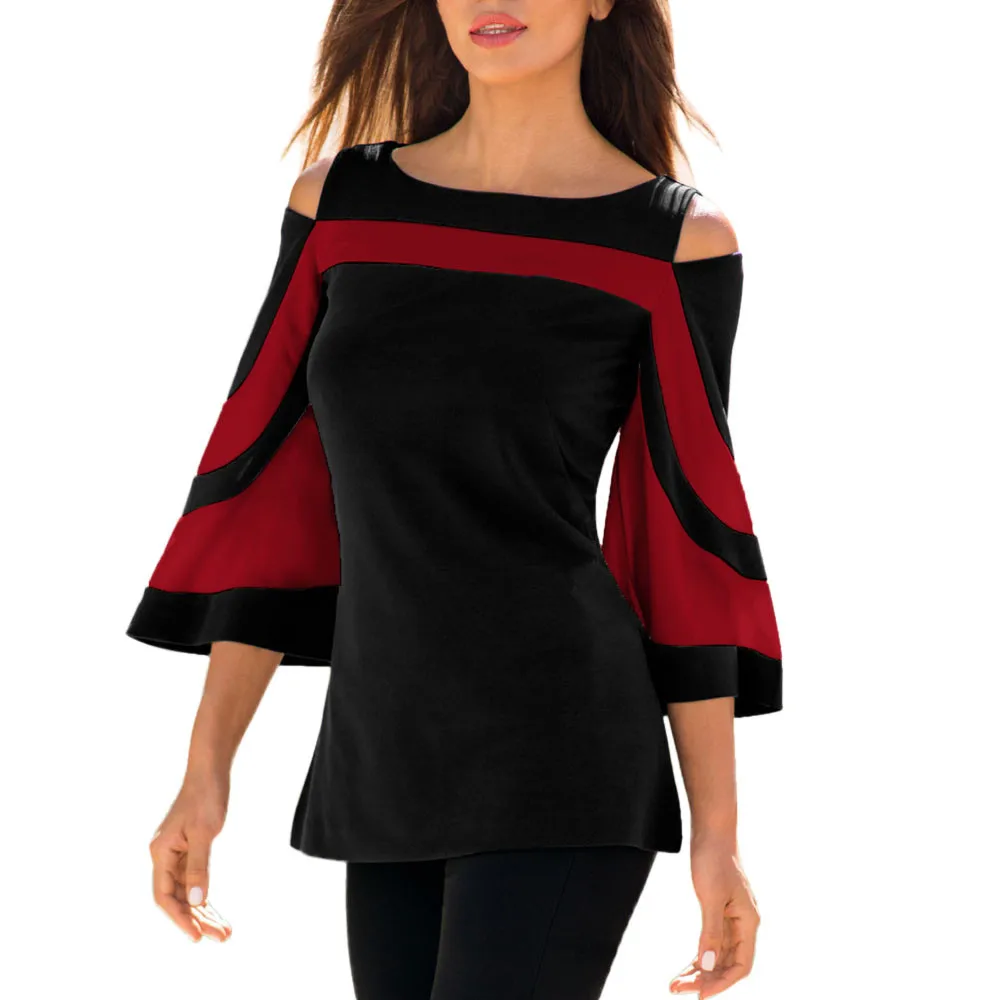 Для женщин s Топы и блузки Для женщин с открытыми плечами с длинным рукавом пуловер блузка рубашка с расклешенными рукавами Черное blusas L3