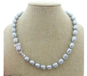 

Beautiful 11-12mm South sea Silver Gray Pearl Necklace 18inch Leopard head clasp