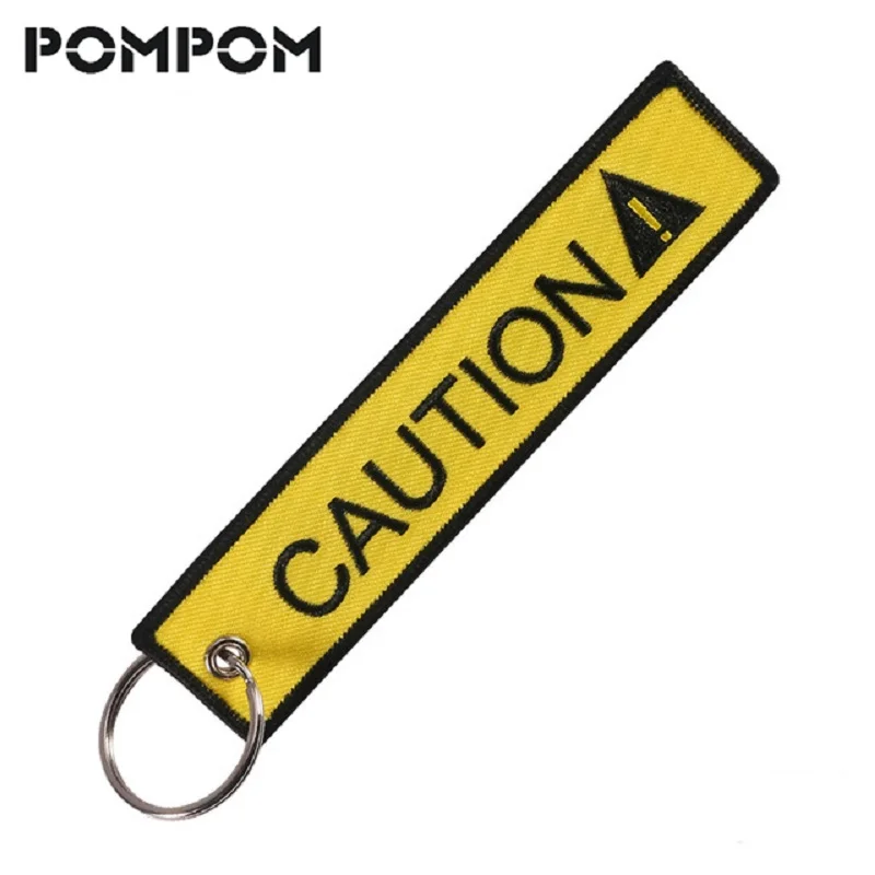 

CAUTION Keychain Embroidery Black Letter Yellow Key Chain Ring For Cars and Motorcycles Fabric Custom keychain key Fob Jewelry