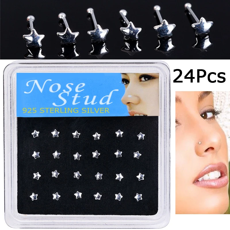WALERV 24Pcs Women Fashion Nose Piercing 925 Silver Star Nose Stud Ball