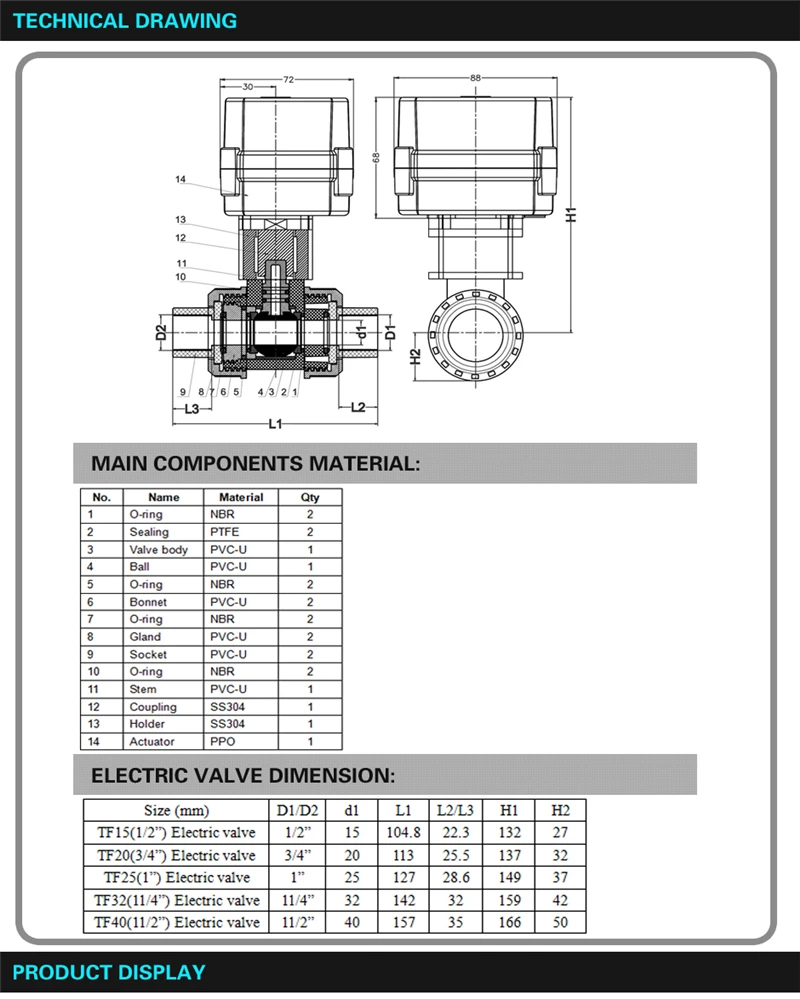 TF50-P2-C DC12V/24 V 2/3/5 проводов BSP/NPT 2 ''ПВХ 2 варианта DN50 UPVC привод клапана 10NM на/Off 15 сек Metal Шестерни для Очистка воды