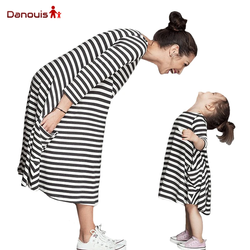 Cotton Long Sleeve Stripe Dress for mom and baby girl 2016 newest Ins
