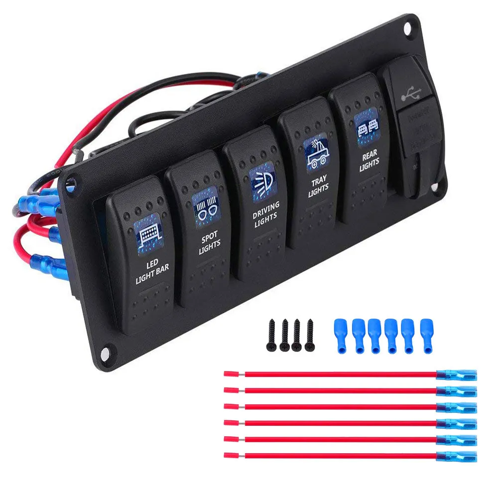 

Waterproof Switch Panel 5V 3.1A Dual USB Car Charger 12V~24V Voltmeter 5 Gang Auto Boat Marine Blue LED Rocker Switch Panel
