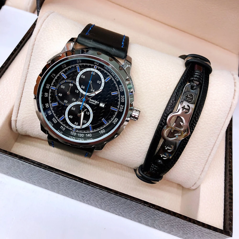 

Fashion Faux Leather Mens Analog Quarts Watches Men Wrist Watch Leather Bracelet 2 Pcs Sets Top Brand Luxury Casual Watch Clock