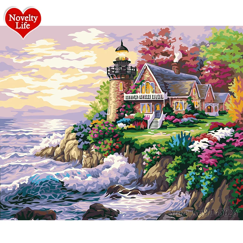 

DIY Painting By Numbers Beach House Frame Picture on Wall Digital Canvas Oil Paint For Home Decoration Landscape Fairy Island