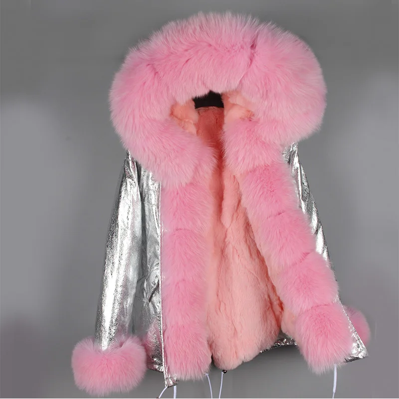 

2018 new women outwear thick warm rabbit fur liner coat short real fox fur parka winter jacket