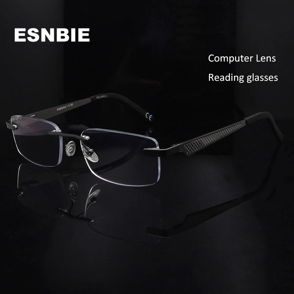 

ESNBIE Men Blue Light Blocking Reading Glasses Rimless Presbyopic Glasses Eyewear Gun Glass Diopter Gafas De Lectura