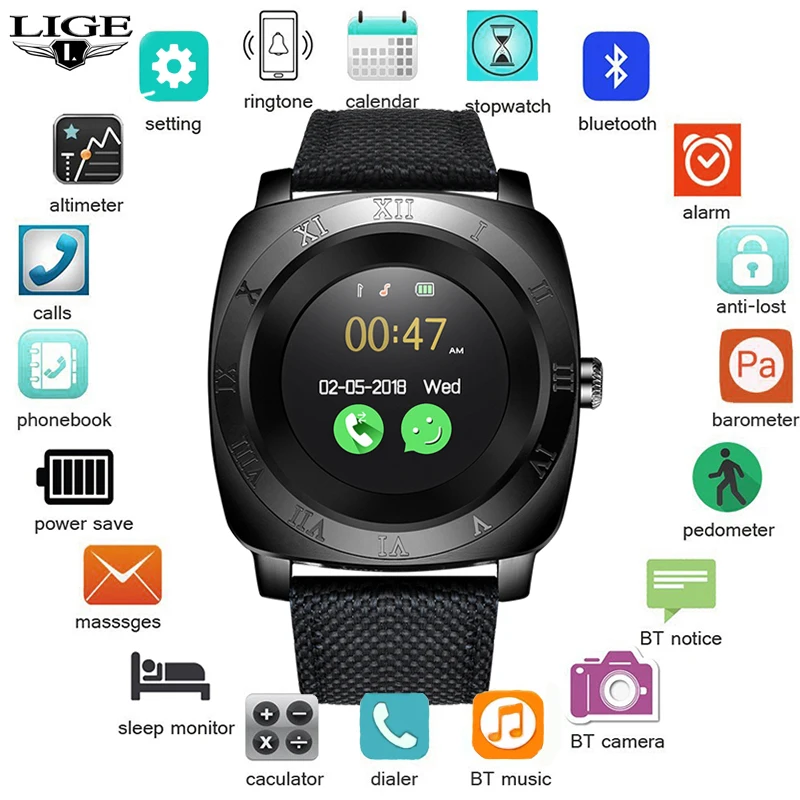 

LIGE 2019 New Smart Watch Men Fitness Sports Watch Pedometer IP67 Waterproof Smart Watch Information Reminder Reloj Hombre+Box
