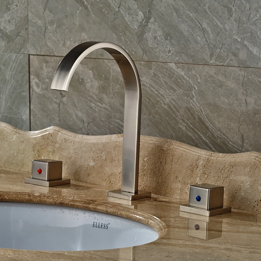 

Widespread 3pcs Deck Mounted Bathroom Sink Faucet Dual Handles Nickel Brushed Finished