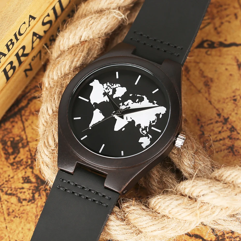 2017 Fashion Nature Ebony Wood Watch Mens World Map Handmade Black Quartz Wristwatch Minimalist Classic Bamboo erkek kol saati (11)