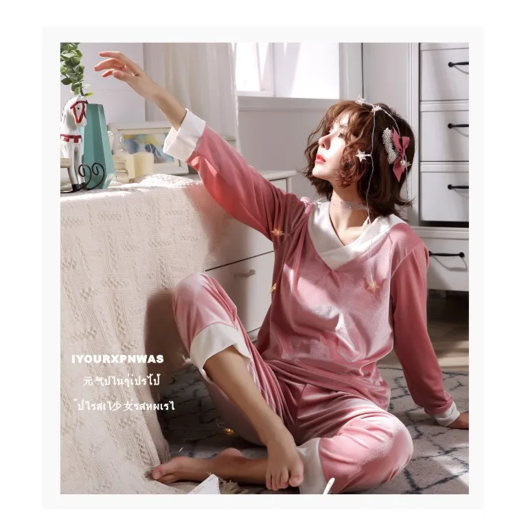 2018 осень-зима бархат Пижамный комплект для Для женщин v-образным вырезом с длинным рукавом Пижама мягкие удобные пижамы Femme Домашняя одежда
