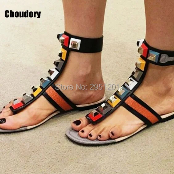 

2019 New Rainbow Color Rhinestone Summer Flat Shoes Women Gladiator Sandals Brand Designer Rivets Sandals summer Flip-Fops Shoes