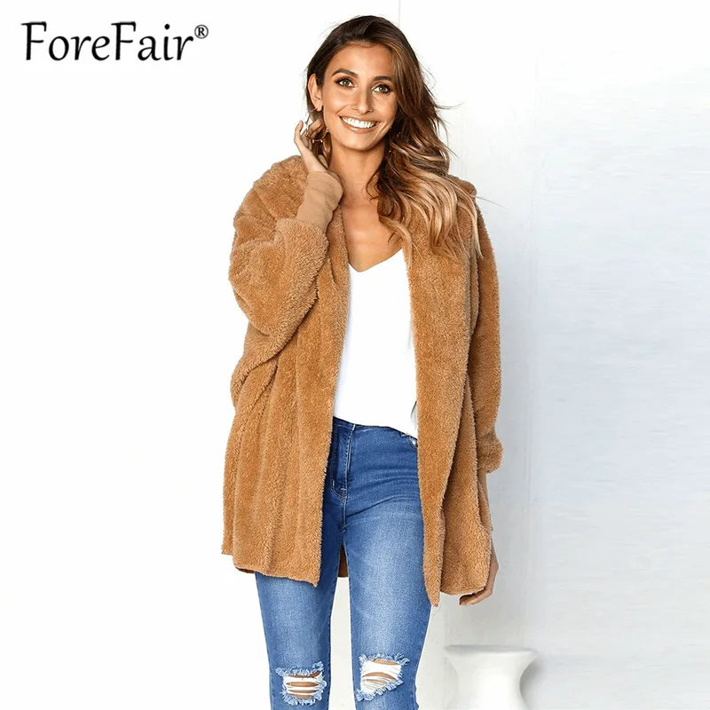 

Forefair Women Cardigan Fleece Faux Fur Teddy Coat 2018 Autumn Winter Warm Soft Thick Plush Overcoat Casual Hooded Outerwear