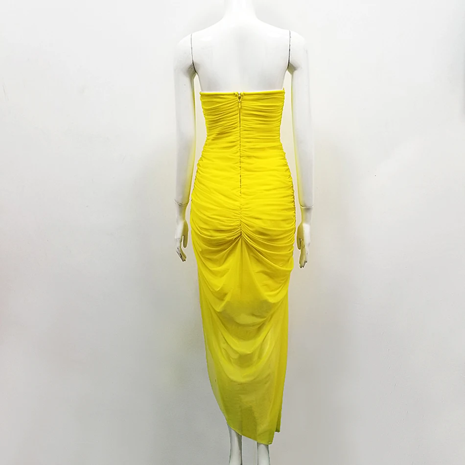 Без бретелек желтые кружевные плиссированные женские вечерние сексуальное обтягивающее платье летнее платье Новое асимметричное Сплит пляжное платье элегантное платье