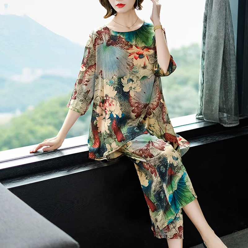 

women Suit 2019 autumn New Women Plus Size Imitated Slik Fashion casual Set Loose Gauze Top Wide Leg Trouser Two Pieces Set