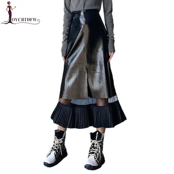 

Leather Skirt Women 2019 Spring Autumn New Long Stitching Perspective Mesh Skirt Temperament Women Pu Leather Black Skirt TTT046