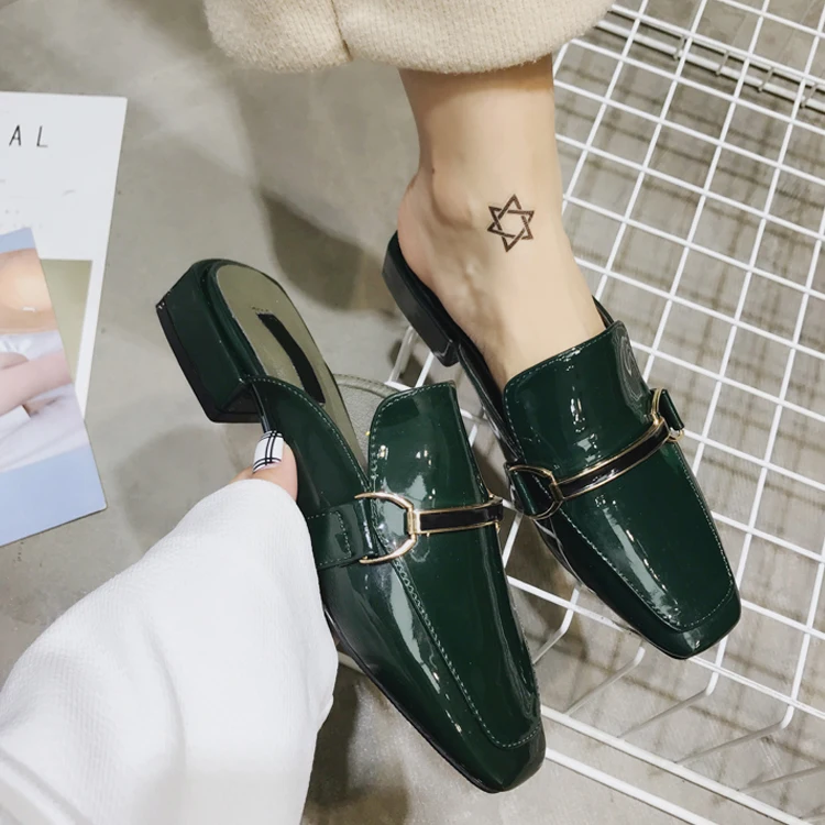 

British Style Small Leather Shoes Patent Leather 2018 Spring Baotou Half Slippers Female Thick With Slippers