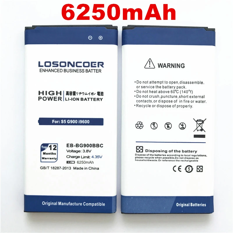 losoncoer 6250 мА/ч, EB-BG900BBC для samsung S5 Батарея i9600 i9602 i9605 G900F G900T G9008 G9009D G9006W G900