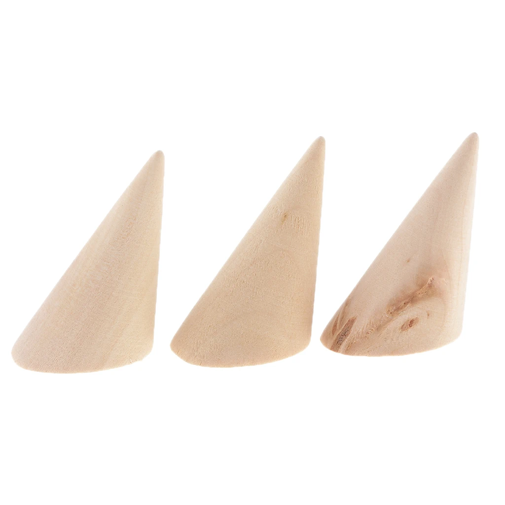 3pcs Handmade Small Unpainted Plain Natural Wood Cone Ring Display Stand for DIY Crafts Decoupage