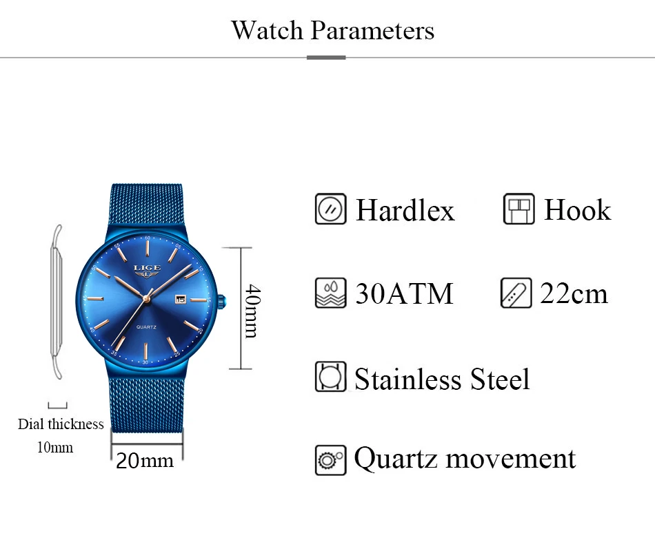 LIGE женские s часы лучший бренд класса люкс аналоговые кварцевые часы женские Полностью синие сетчатые часы из нержавеющей стали с календарем модные ультратонкие часы с циферблатом