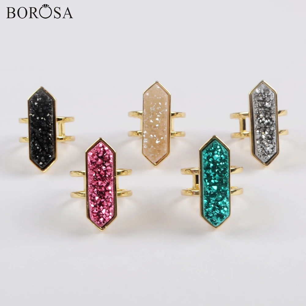 

BOROSA 5Pcs Hexagon Gold Bezel Natural Agates Titanium Rainbow Druzy Open Ring Rainbow Electroplated Druzy Ring Jewelry ZG0425