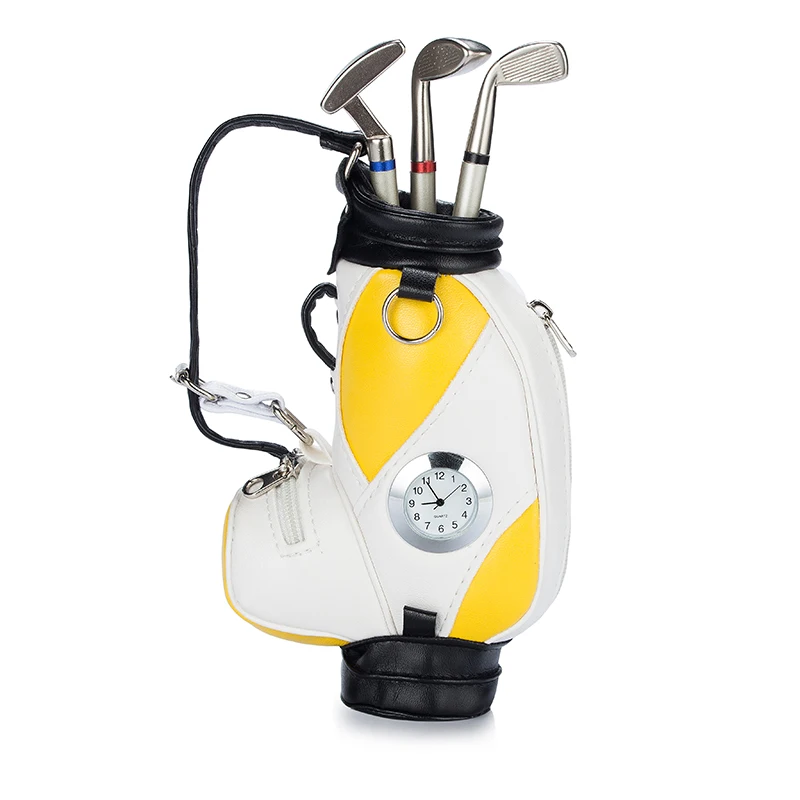 Min Golf Caddy Bag Golf Pens Holder,Table Decoration Golf Bag Trolley with Watch Metal Golf