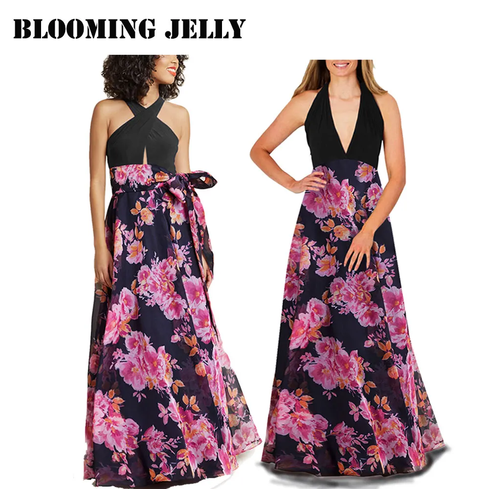 Blooming Jelly Women Halter Bohemian Chiffon Maxi Dress Bow Belt Summer