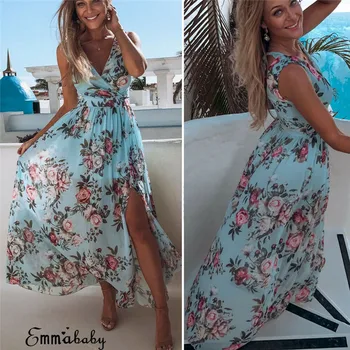 

Women Boho Floral Long Maxi Dress Summer Beach Party Casual Dresses Sundress Sleeveless V-Neck Sexy Summer Dresses Sunsuits Hot