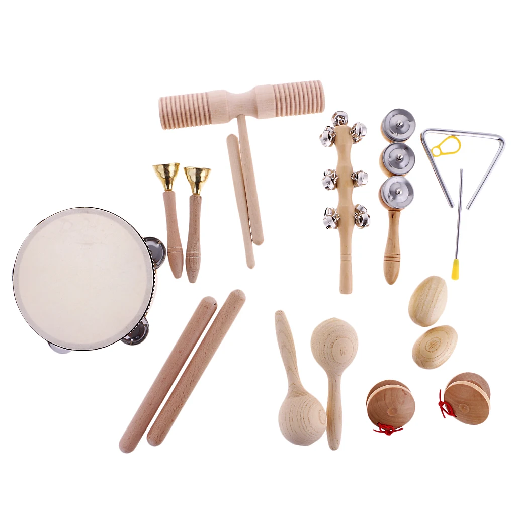 Hand Percussion Set Shaker Bell Sand Maraca Eggs Hammer Shaker Sound Guiro Rhythm Stick Wooden Eudcational Toys