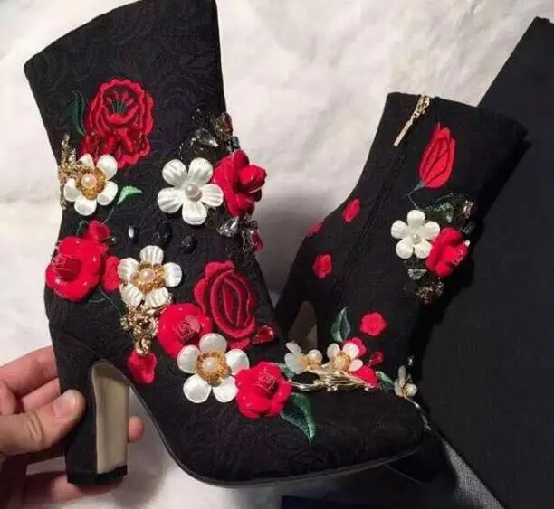 Frauen Damen As Stiefel Super Hot Stiefeletten Picture Zehen Chunky Herbst Blumen Spitze Stickerei 41 Multicolor Appliques Ferse Größe IwxdnOav