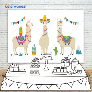 

Photography Background White Alpacas with Colorful Blankets with Big Hat and Flowers 7x5ft White Backdrops for Fiesta Day Party