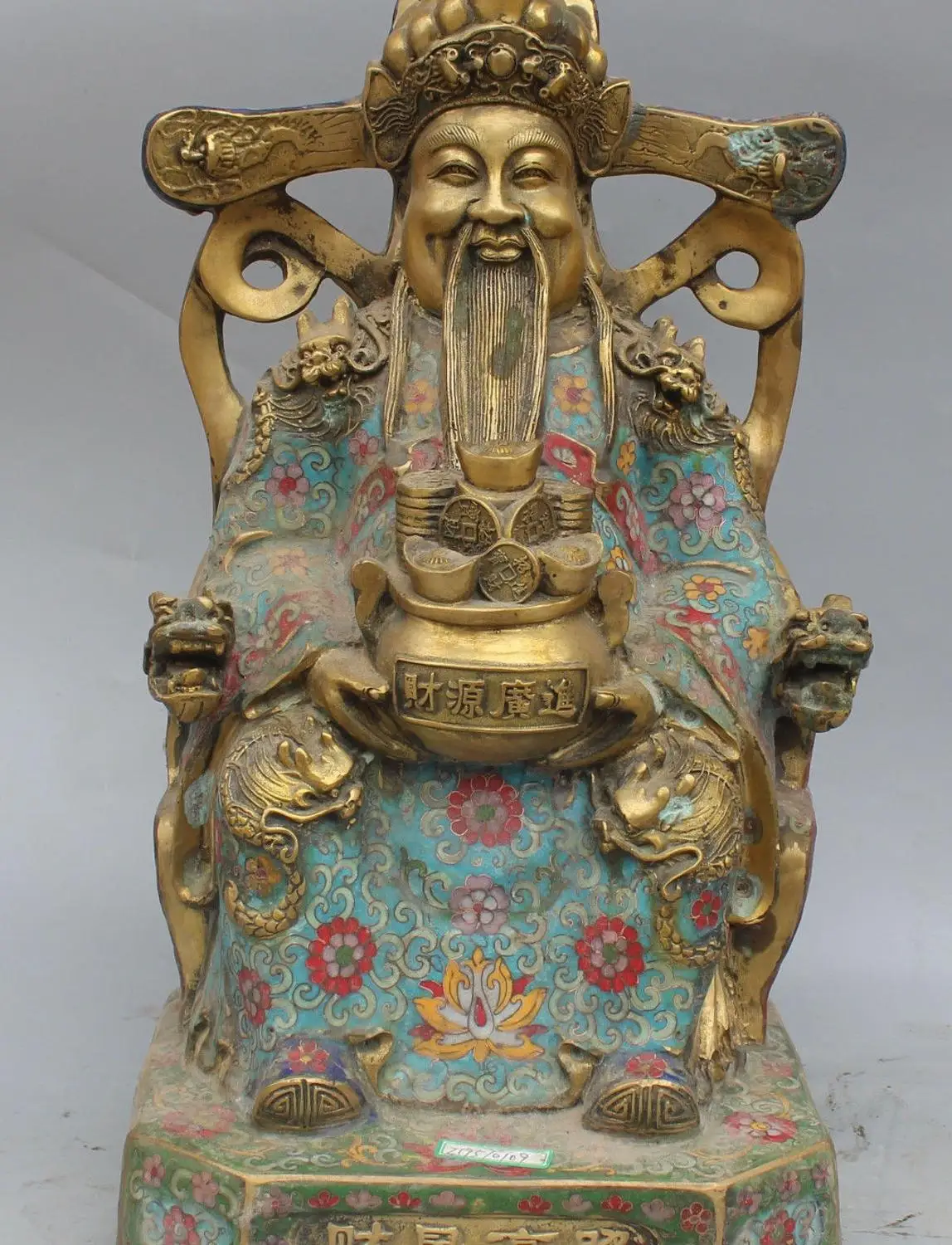 

18" Chinese Cloisonne Enamel Gilt Seat Dragon Mammon Wealth Money YuanBao Statue