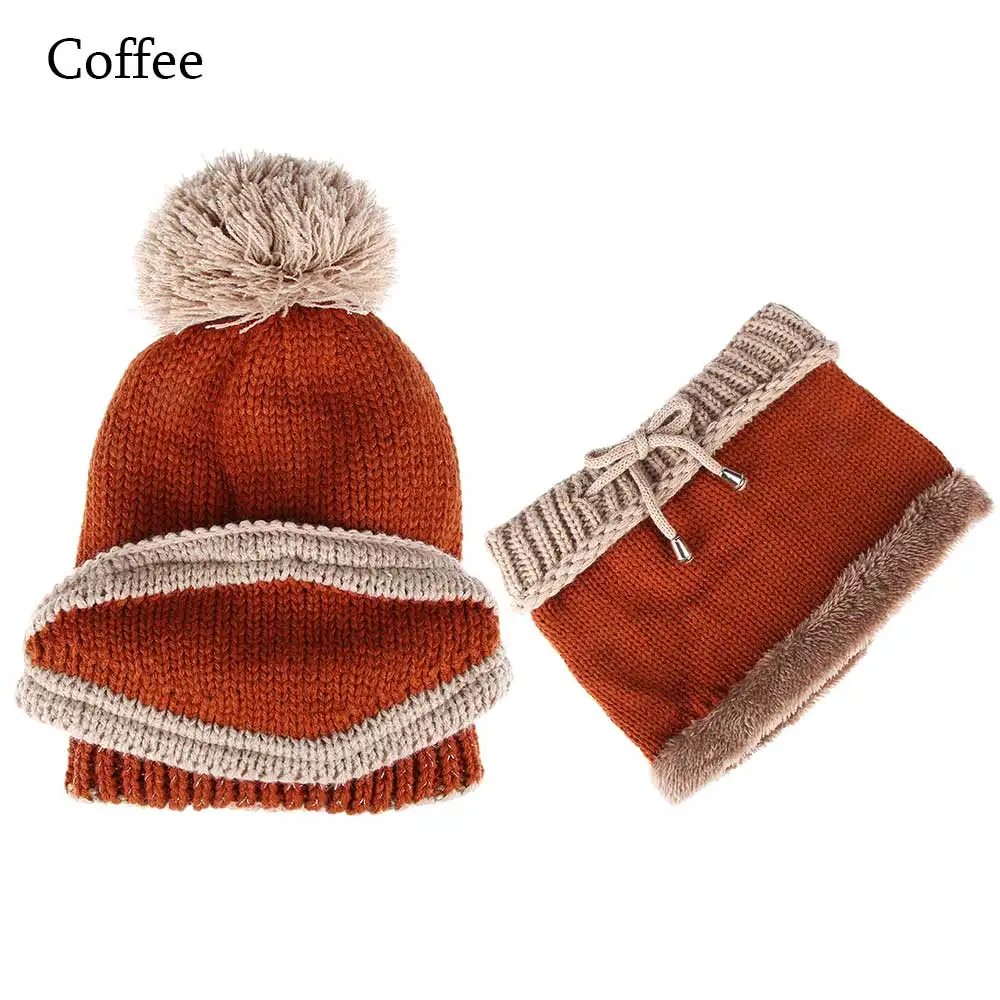 Комплект из 2 предметов, зимний шарф, шапка, набор для женщин, помпоны, вязаные утепленные шарфы-снуды, теплая маска, модная шапка бини, комплект для мужчин, для катания на лыжах - Цвет: Style1-Coffee