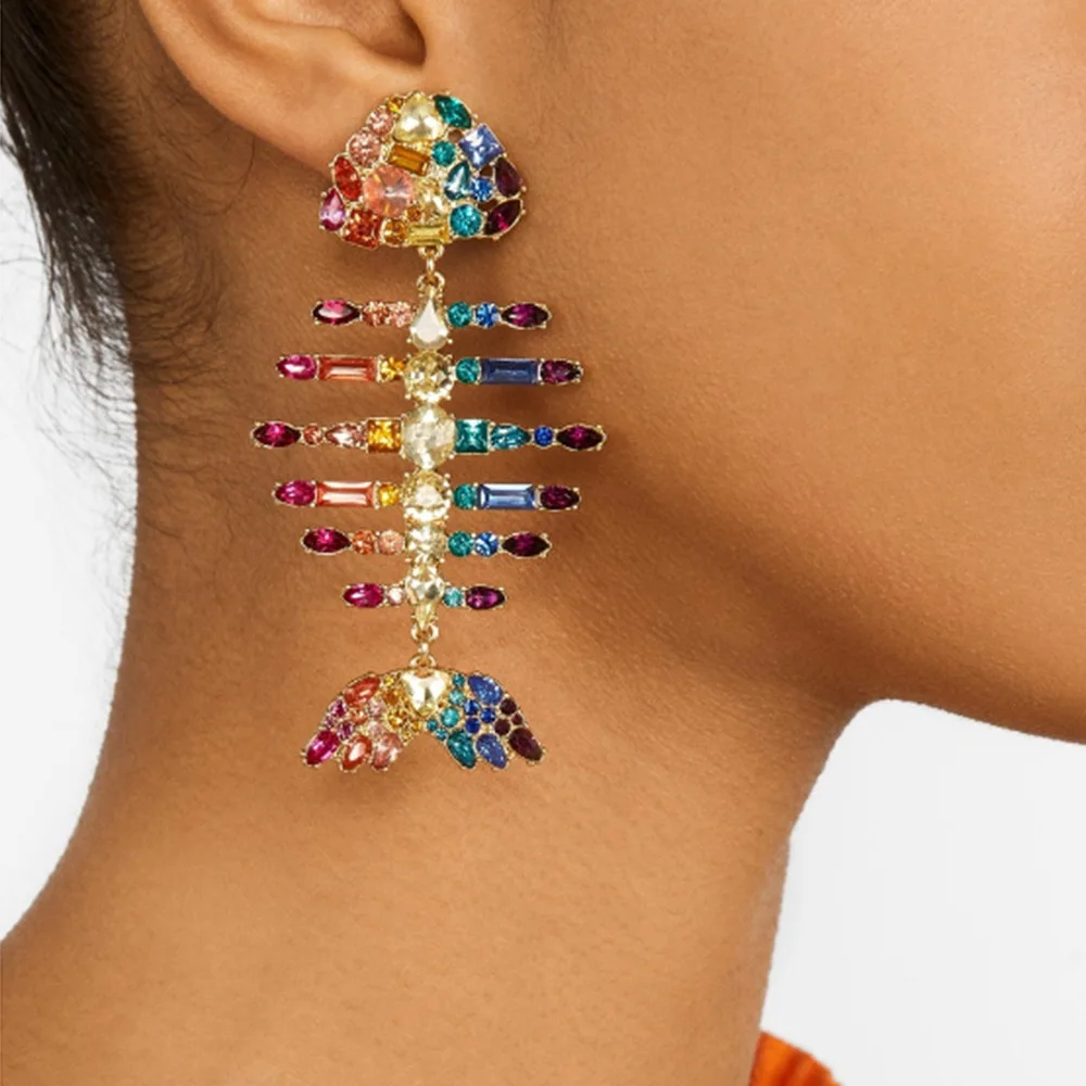 

JOUVAL Creative Fish Bone Crystal Drop Earrings Long Dangle Earrings For Women Hanging Brincos Big Summer African Jewelry Femme